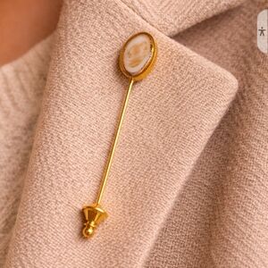 Gold Stick Pin Brooch with Cream Cameo Accent - Women Jewelry